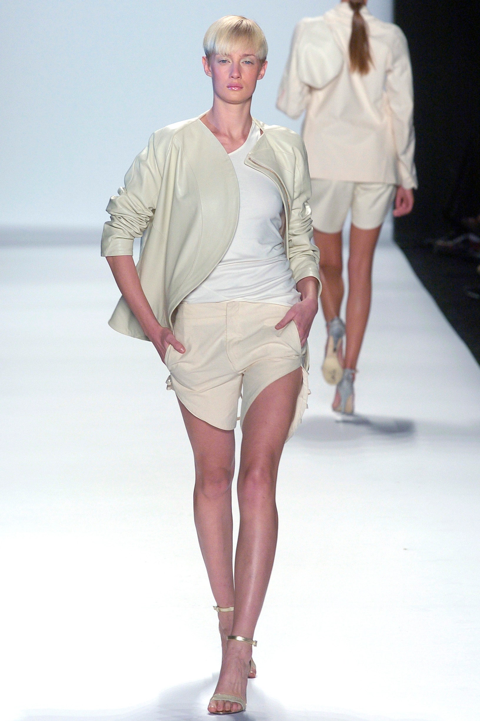 beige leather jacket with shorts