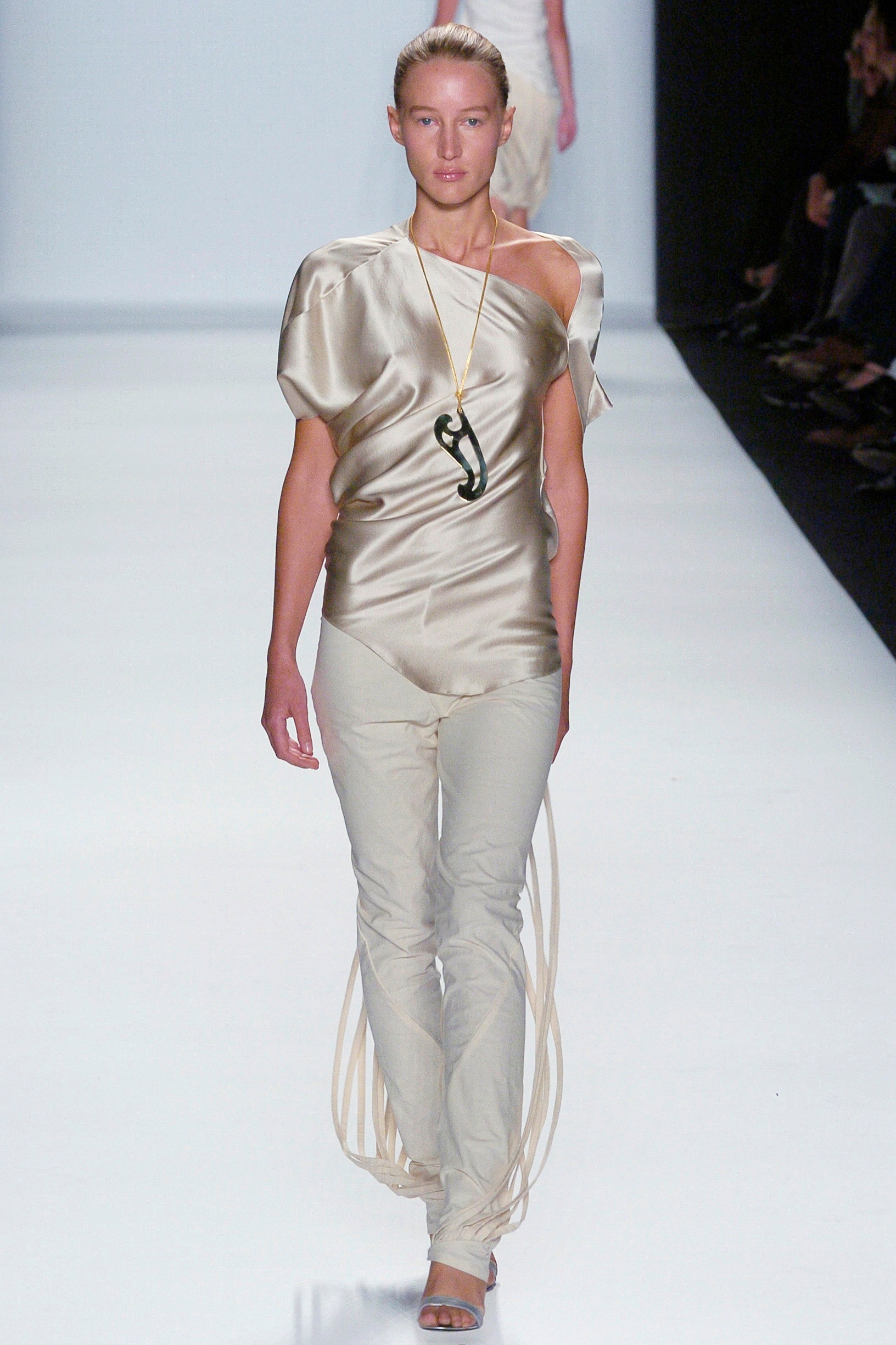 beige silk asymmetric top with pants