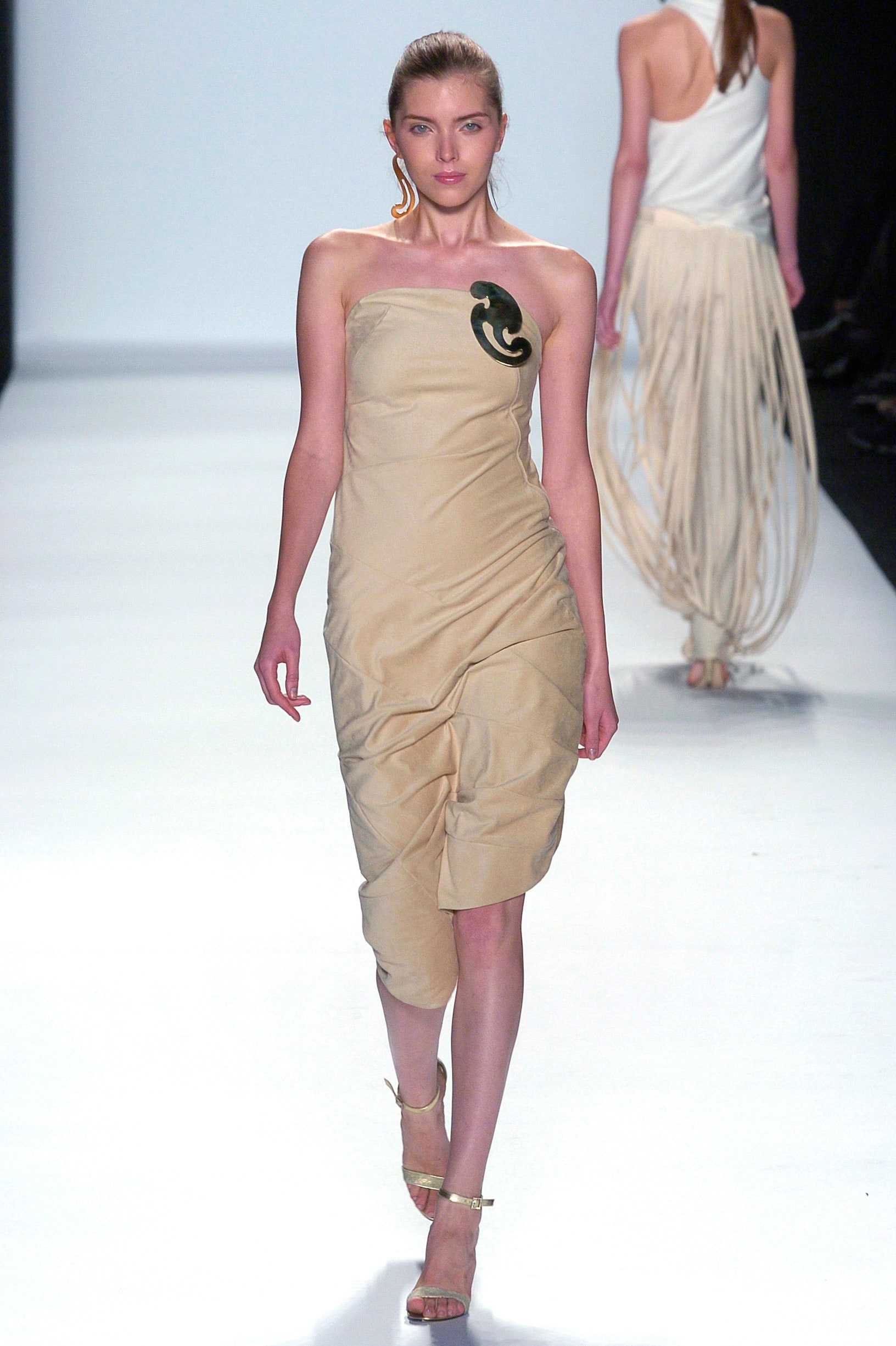 beige strapless draped dress