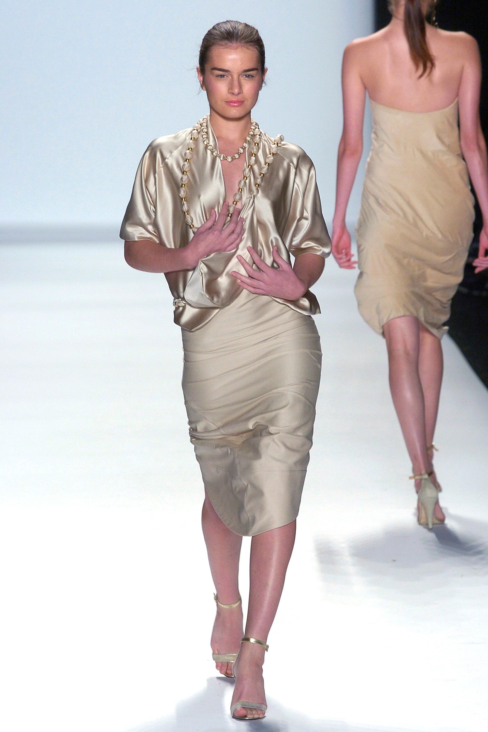 beige silk fitted dress and top