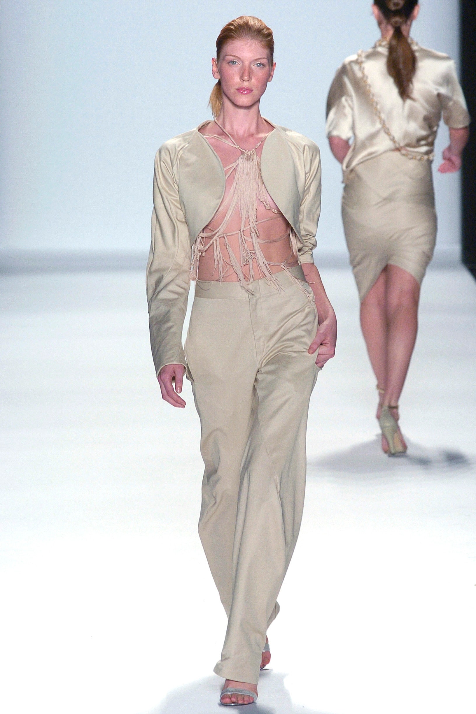beige silk fitted top and pants