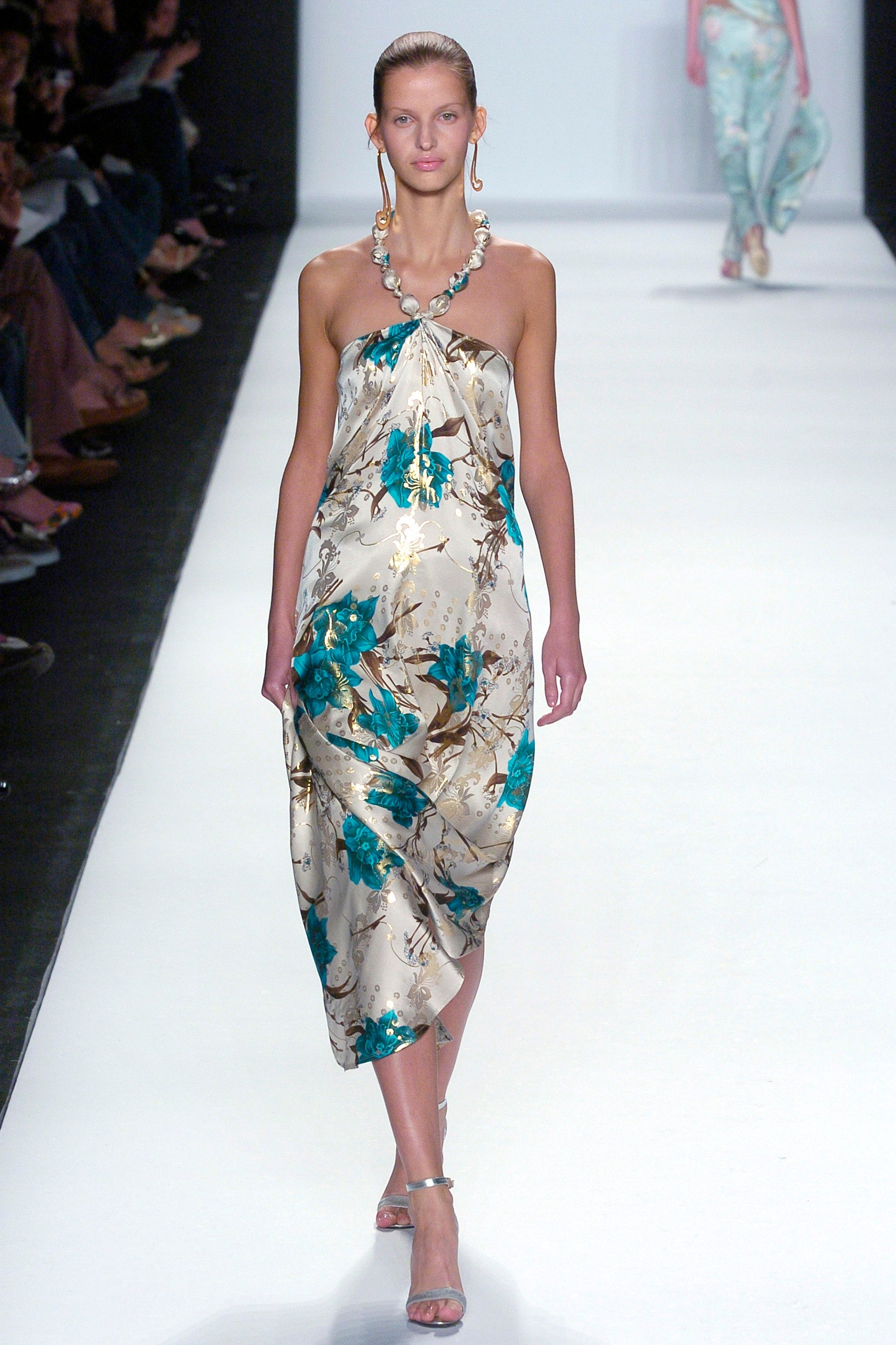 beige floral silk midi dress