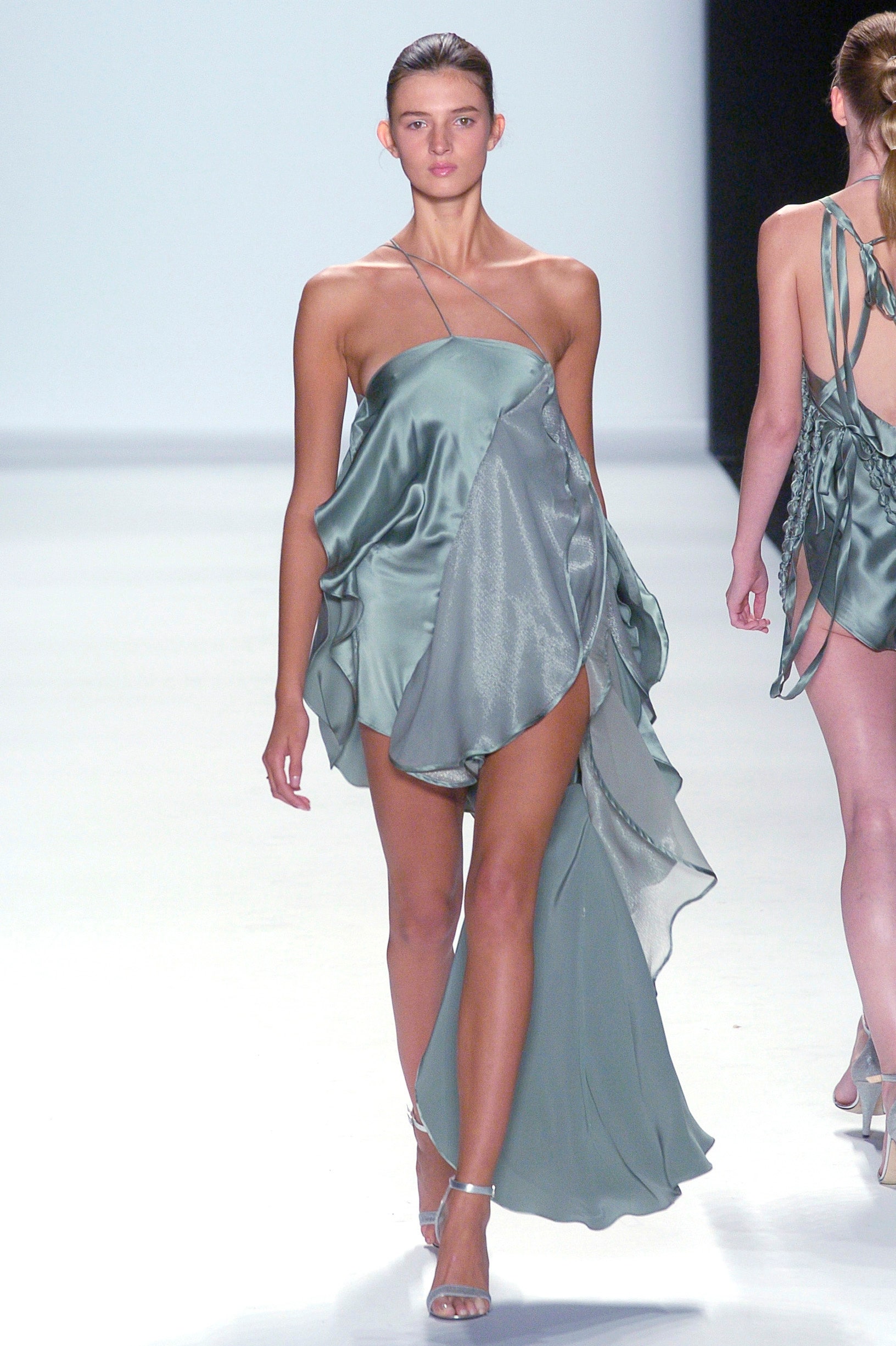 green silk draped mini dress