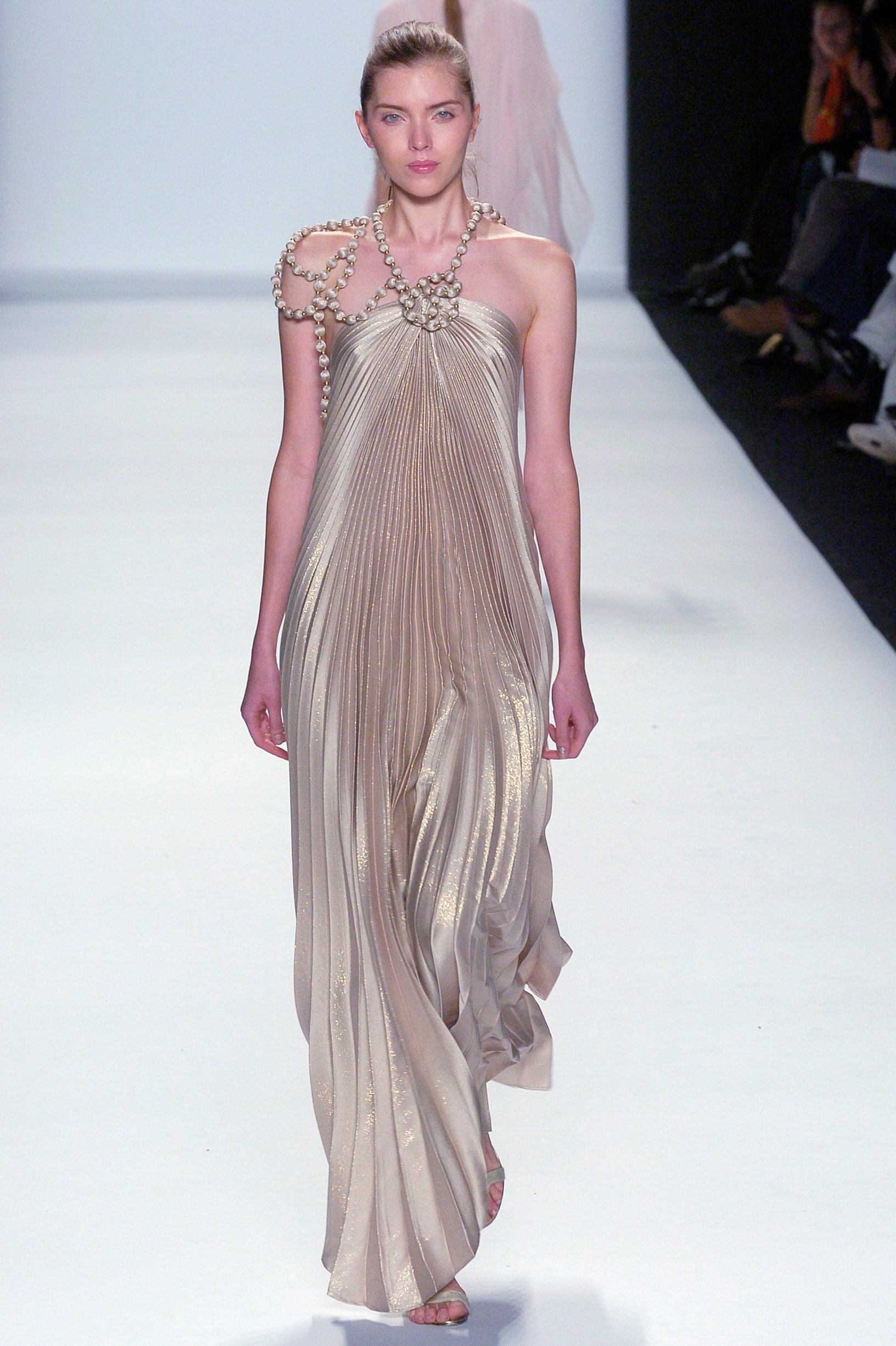 beige silk sleeveless gown