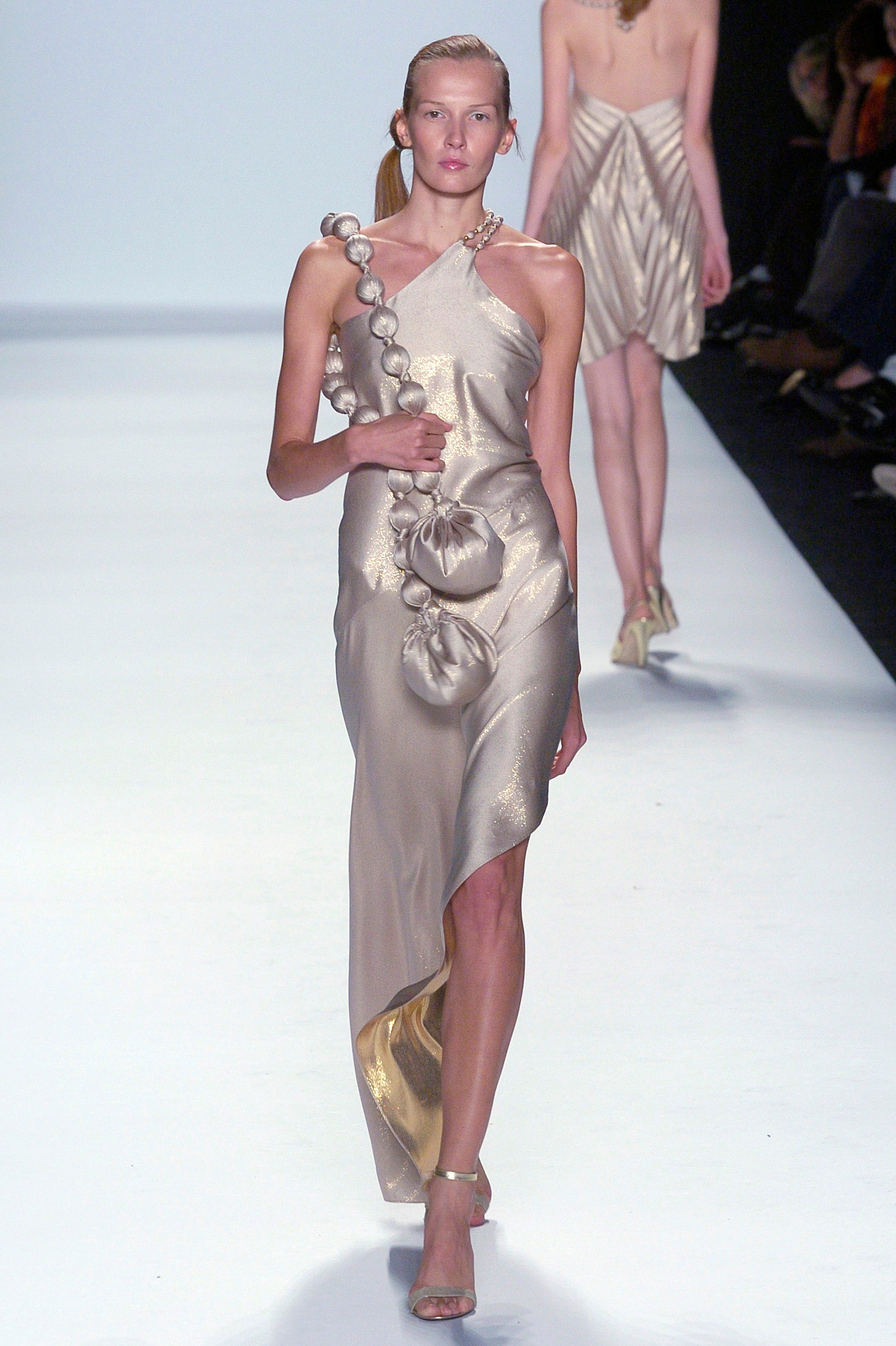 fitted gold silk asymmetric dress