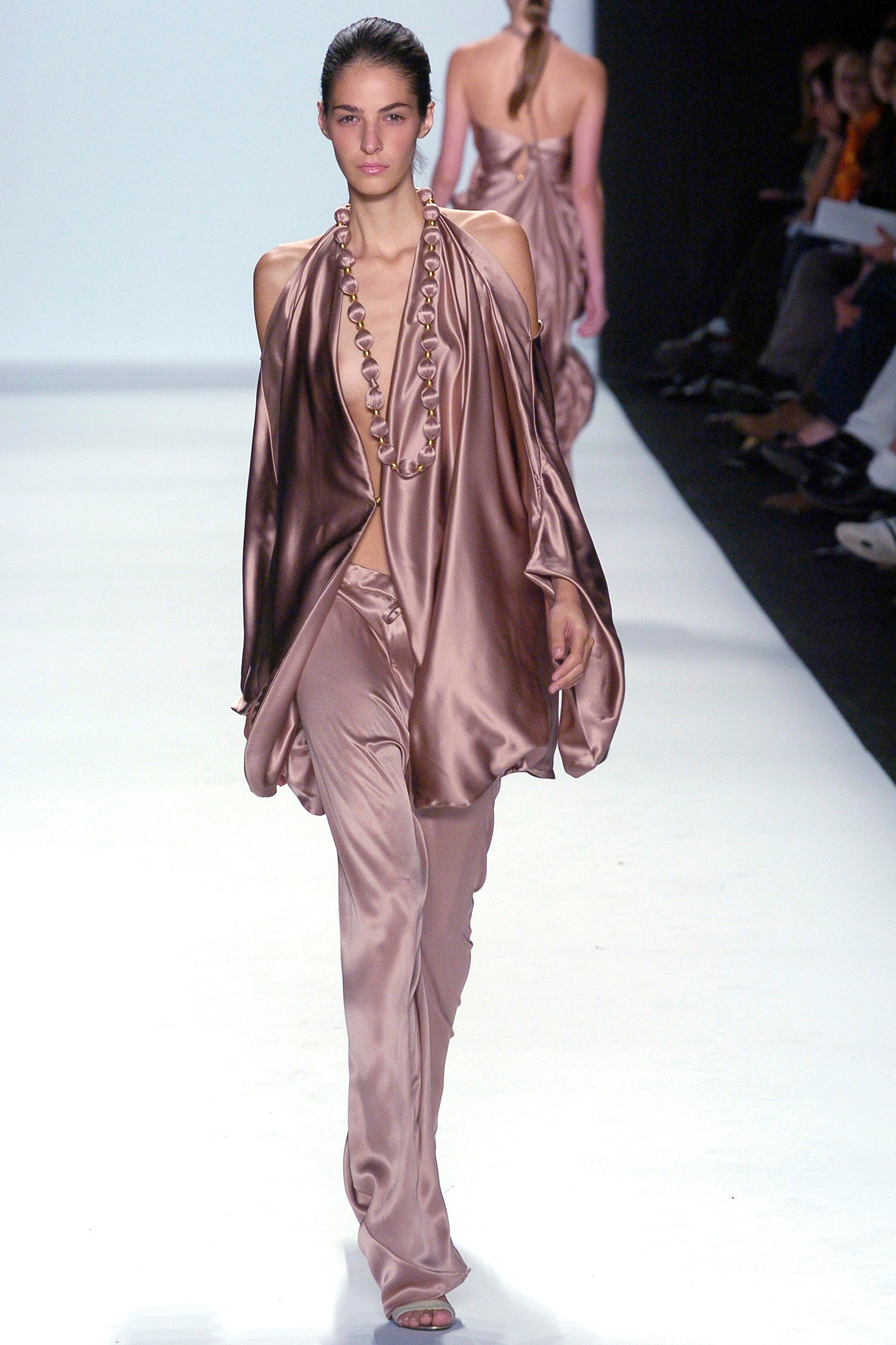 pink silk draped top and pants