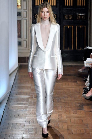 white silk long-sleeve v-neck fitted buttoned shiny suit