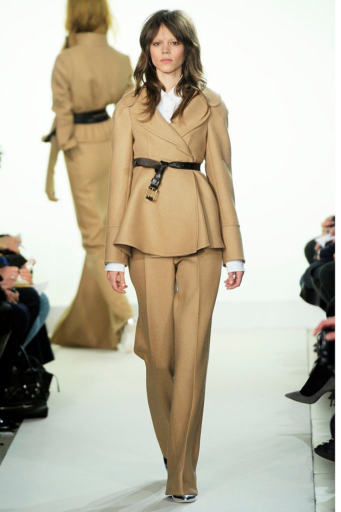 beige wool long-sleeve collared tailored buttoned flared suit