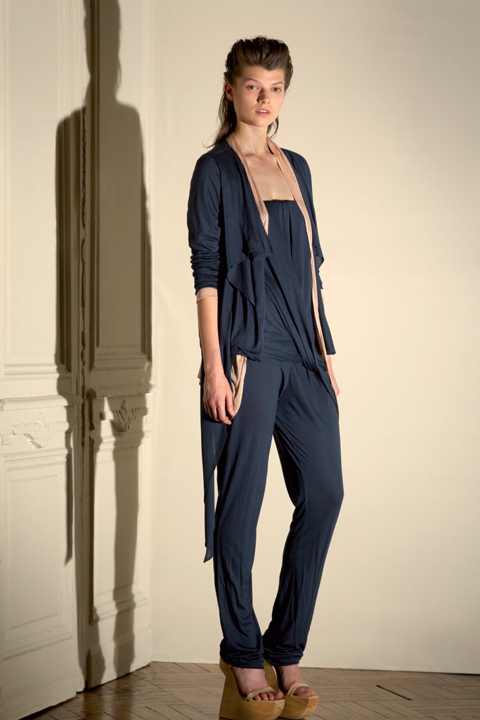 blue relaxed jumpsuit with oversized cardigan