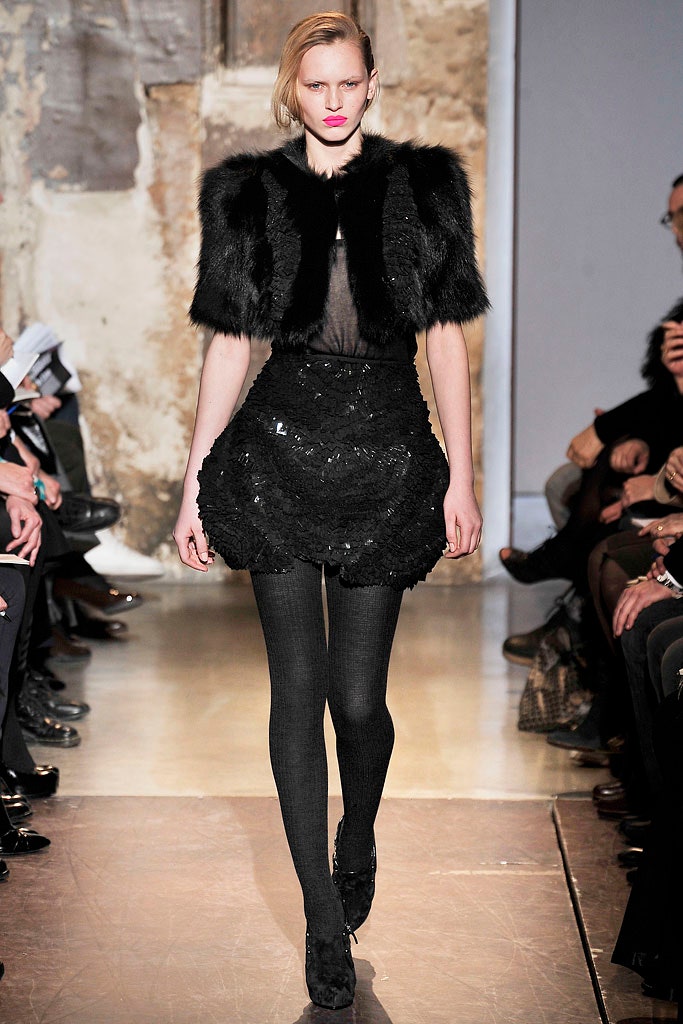 black faux-fur top and sequin skirt