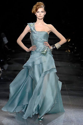 blue silk off-shoulder gown