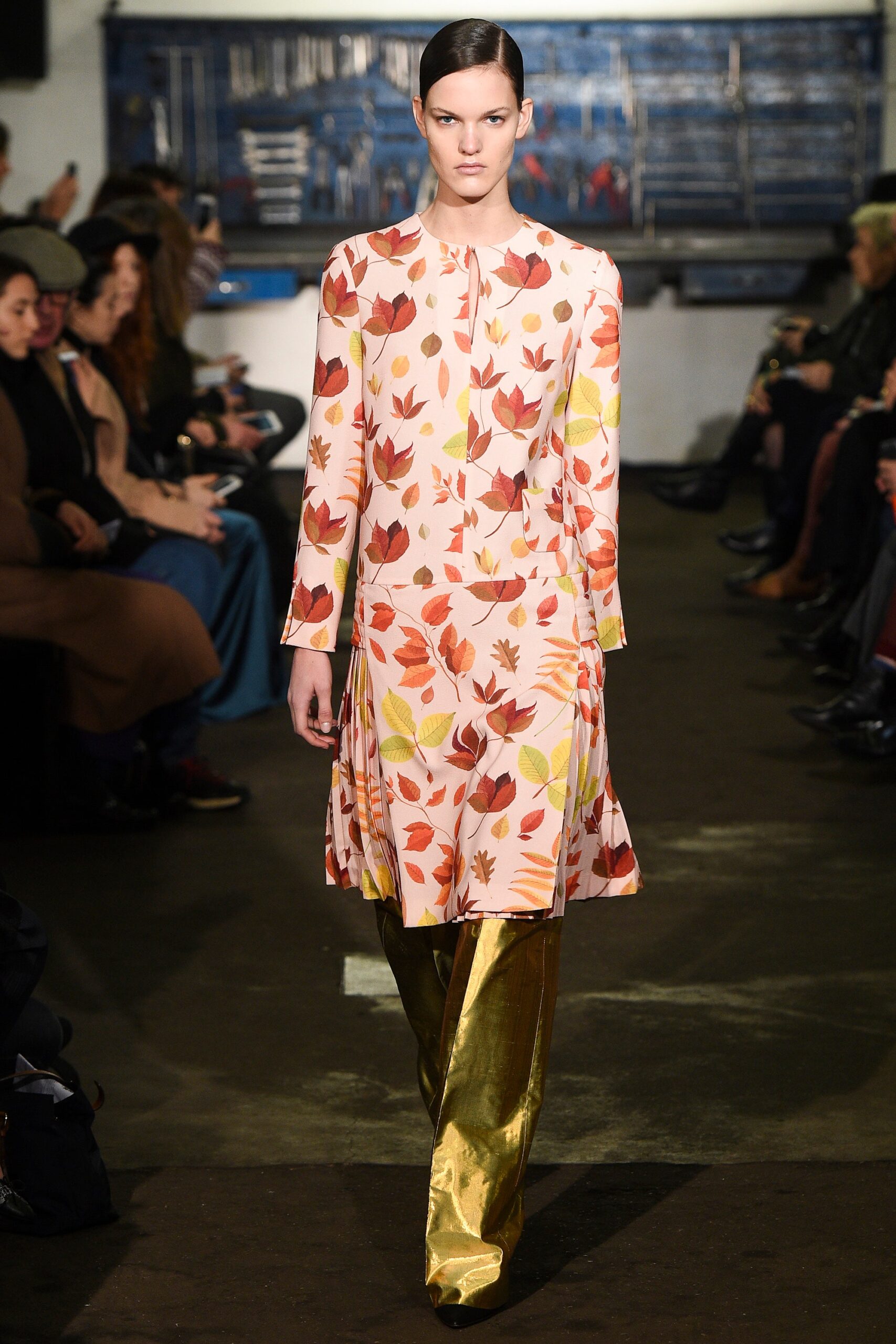 pink floral midi dress with gold pants