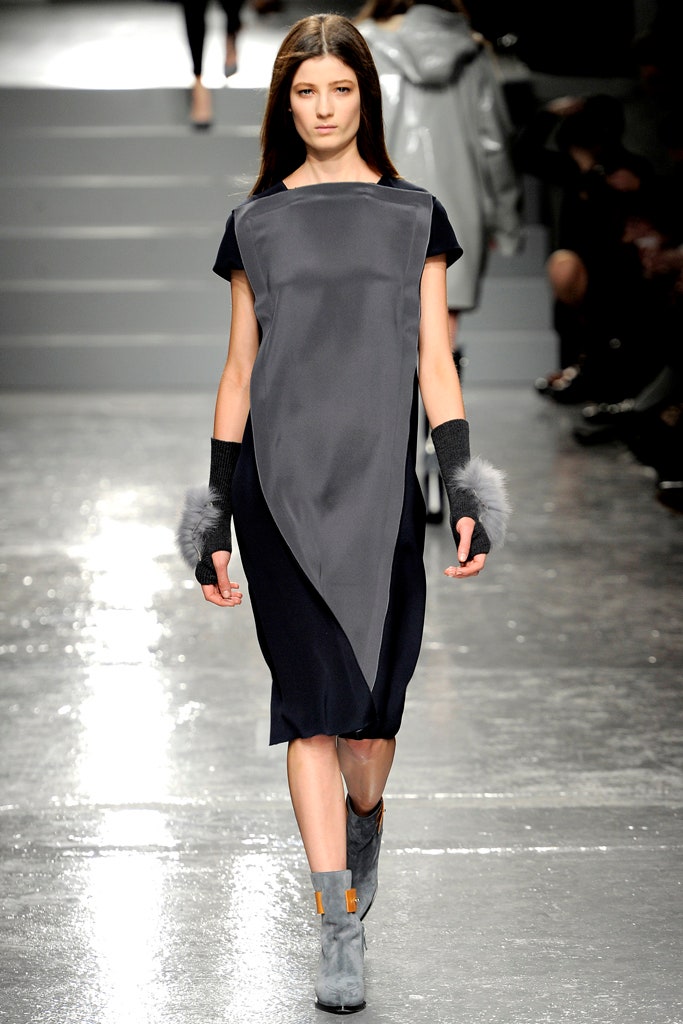 asymmetric gray silk midi dress with gloves