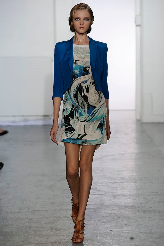 blue printed mini dress with tailored jacket