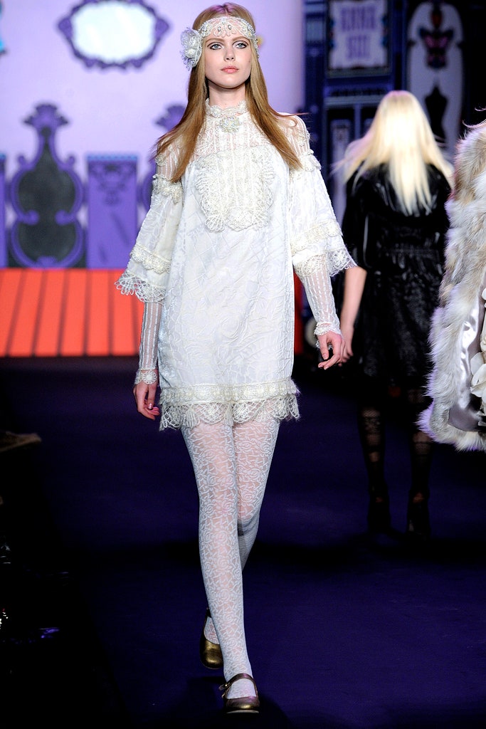 white lace long-sleeve off-shoulder fitted ruffled embellished dress