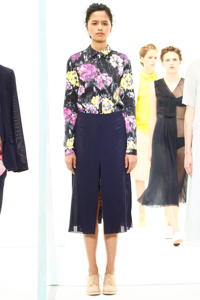 floral shirt and navy midi skirt