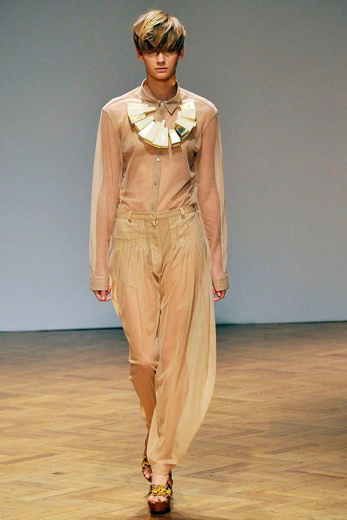 beige silk fitted shirt and relaxed pants