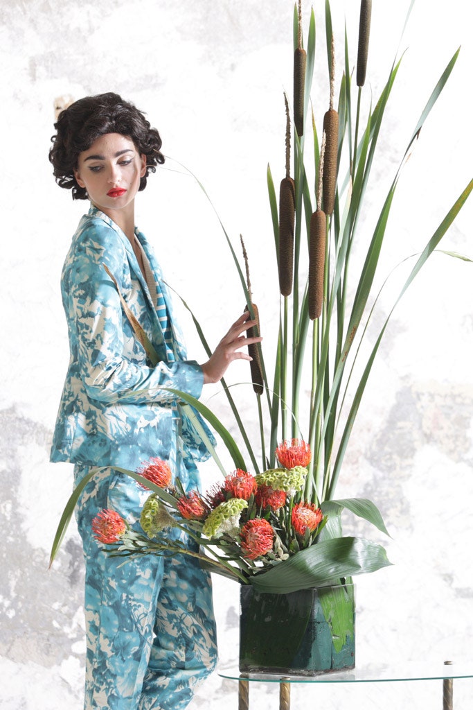 blue silk printed suit