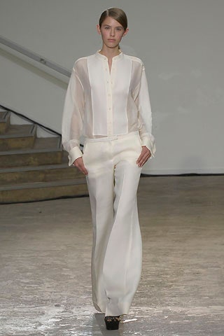 white silk blouse and pants