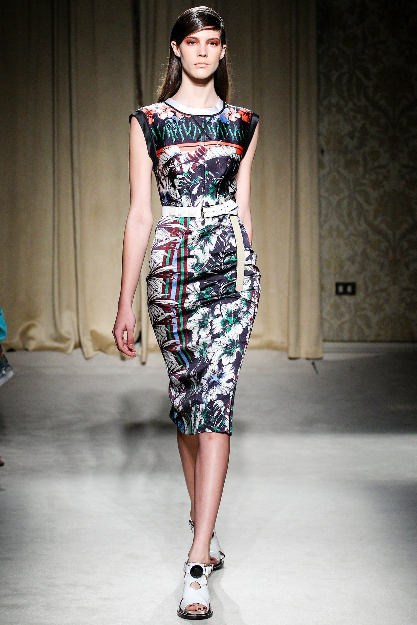 multi-colored fitted midi dress