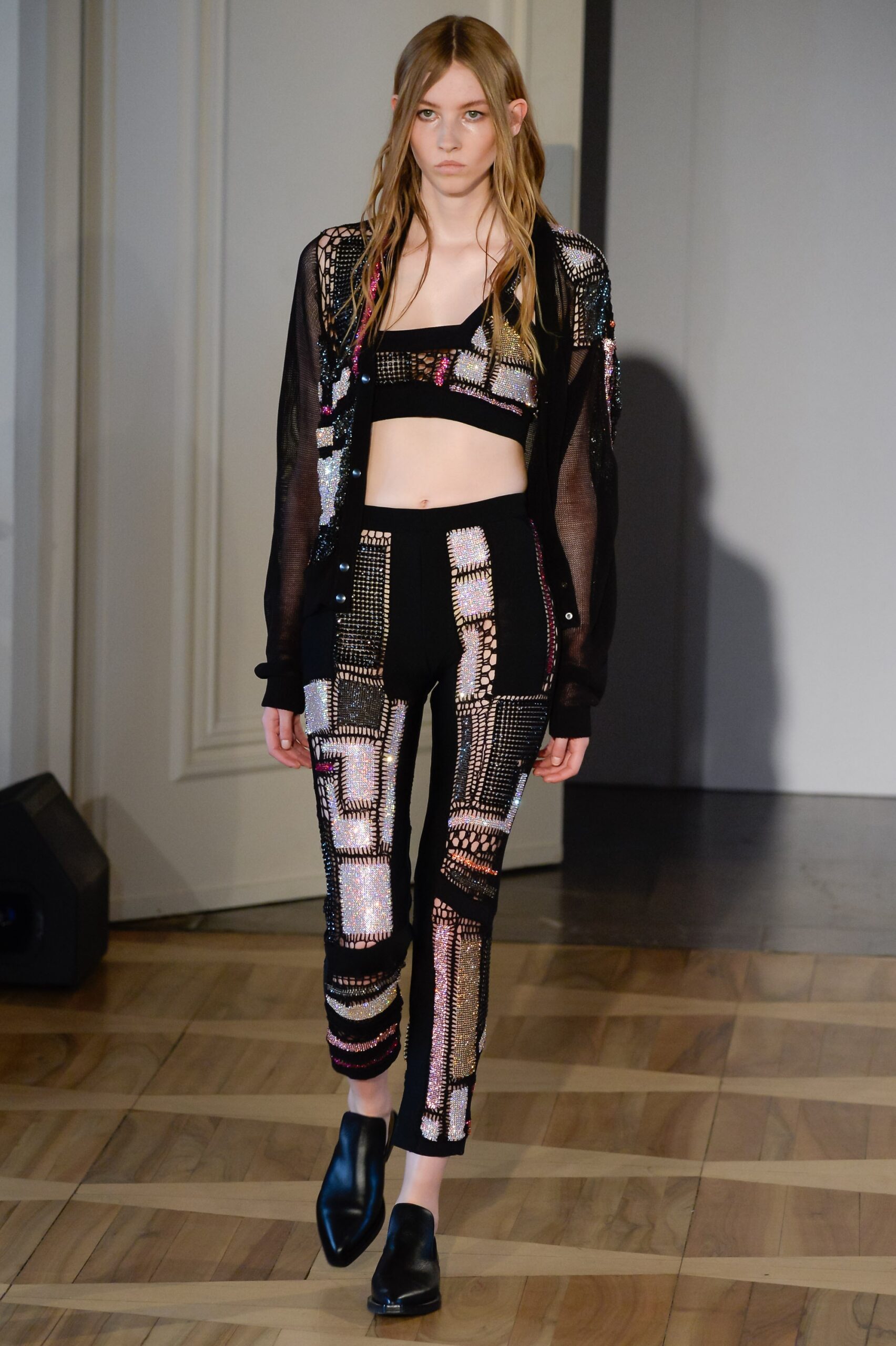 black mesh fitted top and pants