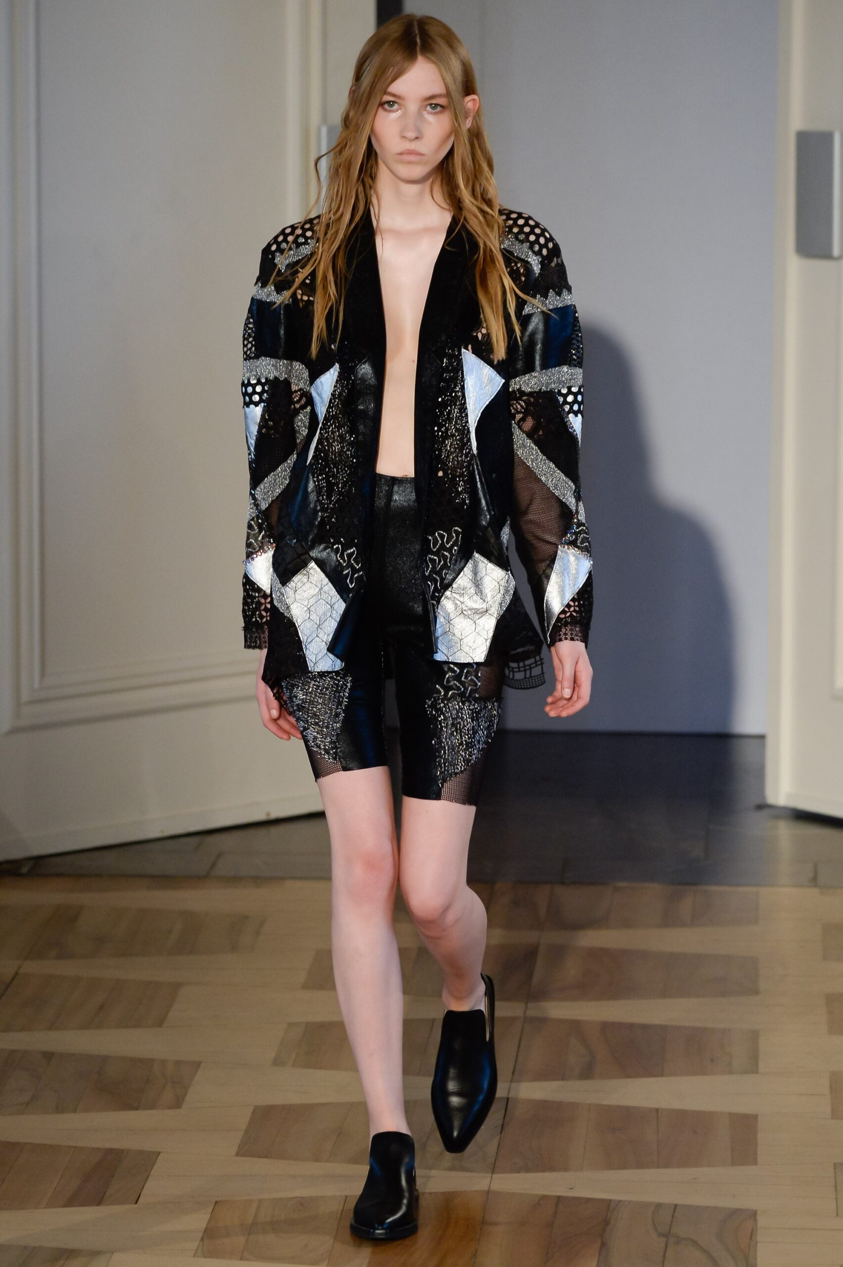 black silk fitted jacket and shorts