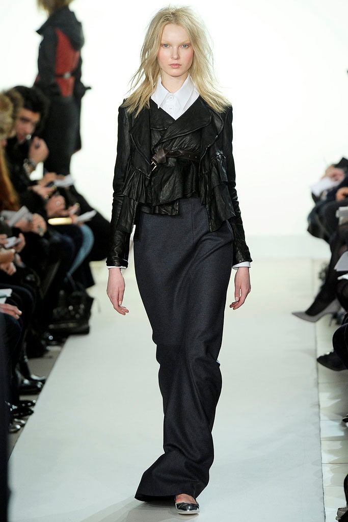 black leather long-sleeve collared fitted draped jacket