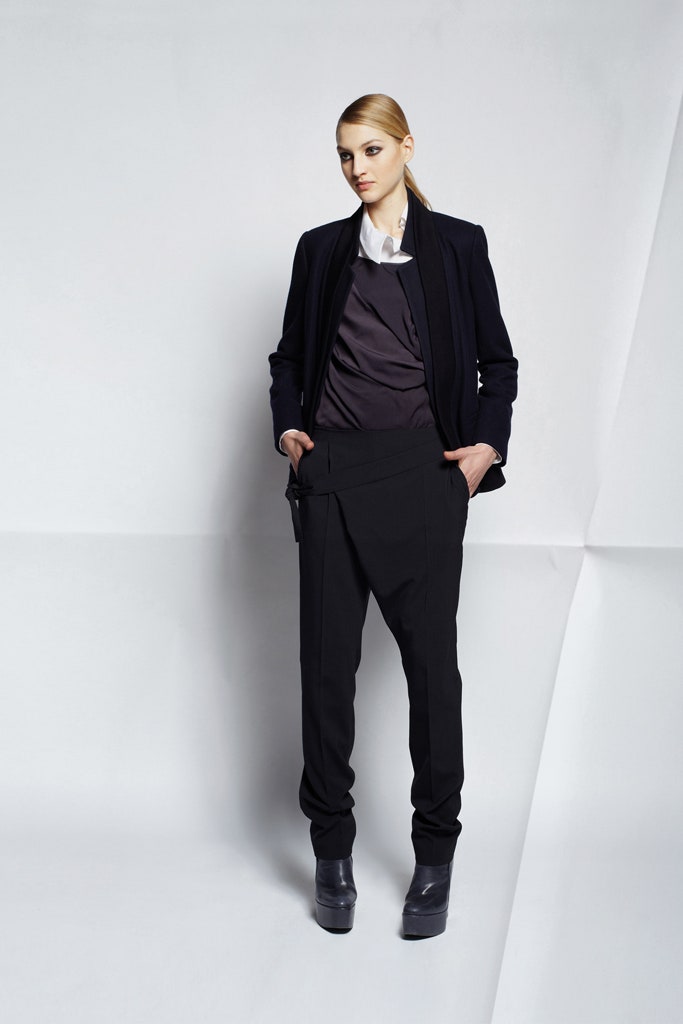 black tailored blazer gray top