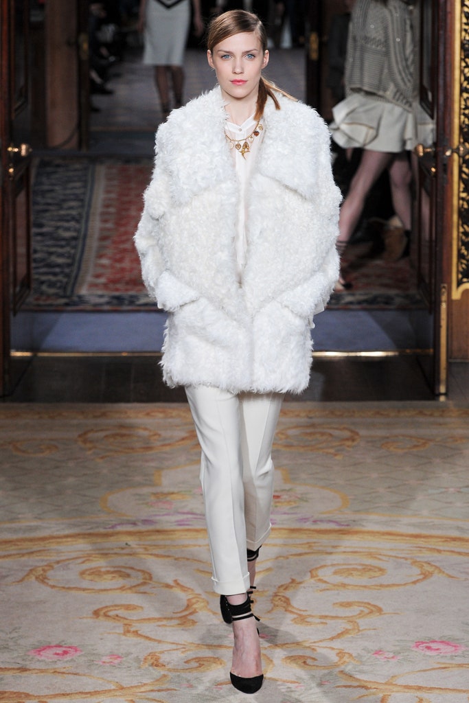 white faux-fur long-sleeve oversized draped coat