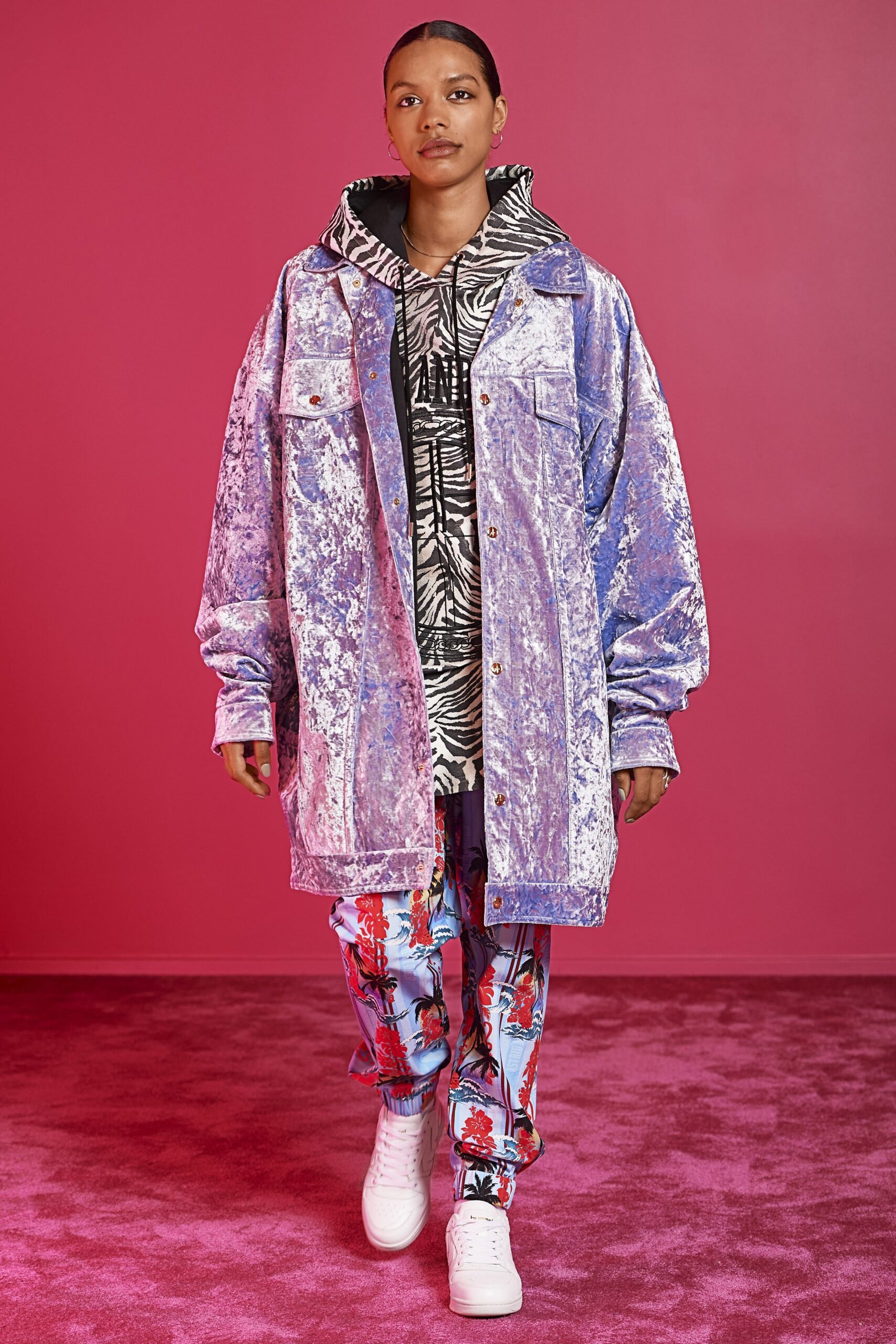 purple velvet long-sleeve collared oversized buttoned shiny jacket