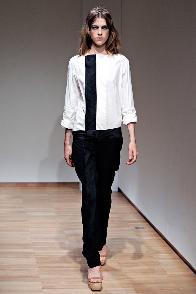 fitted black and white shirt and pants