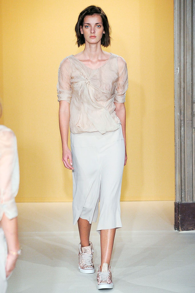 white silk asymmetric fitted straight-leg midi skirt