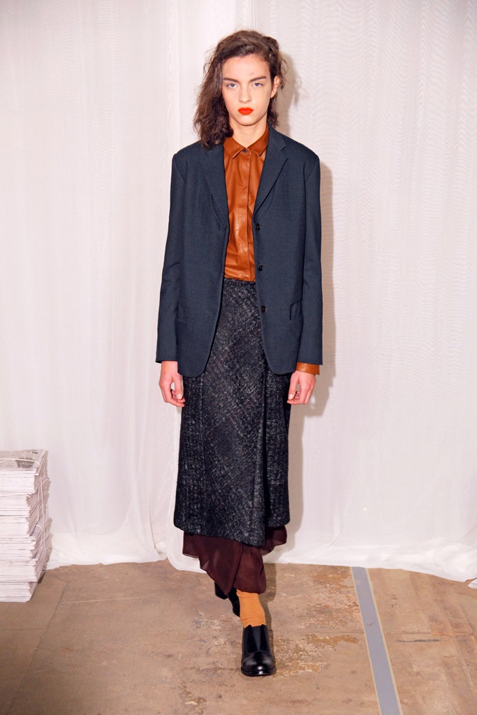 black tailored blazer brown silk shirt