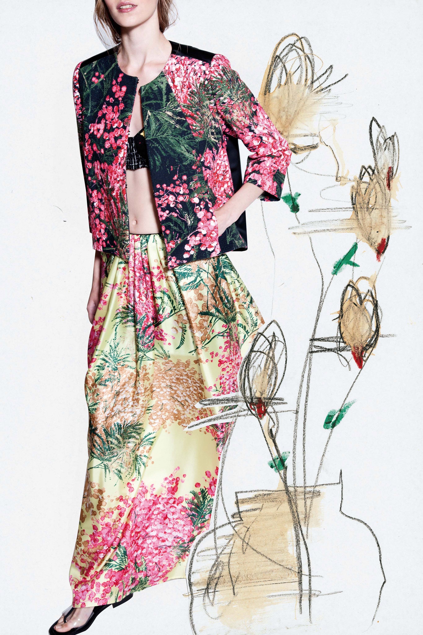 floral jacket with maxi skirt