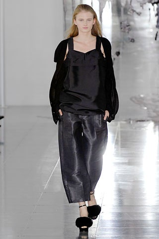 black silk top and leather pants