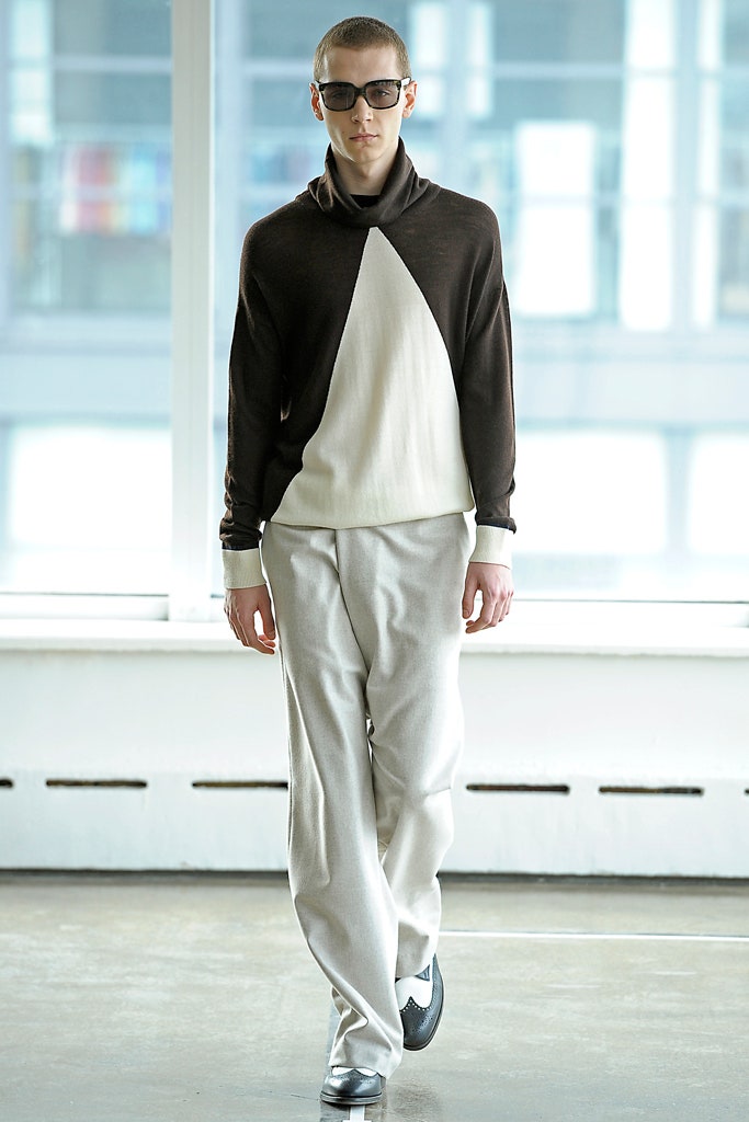 color-blocked turtleneck top with tailored pants