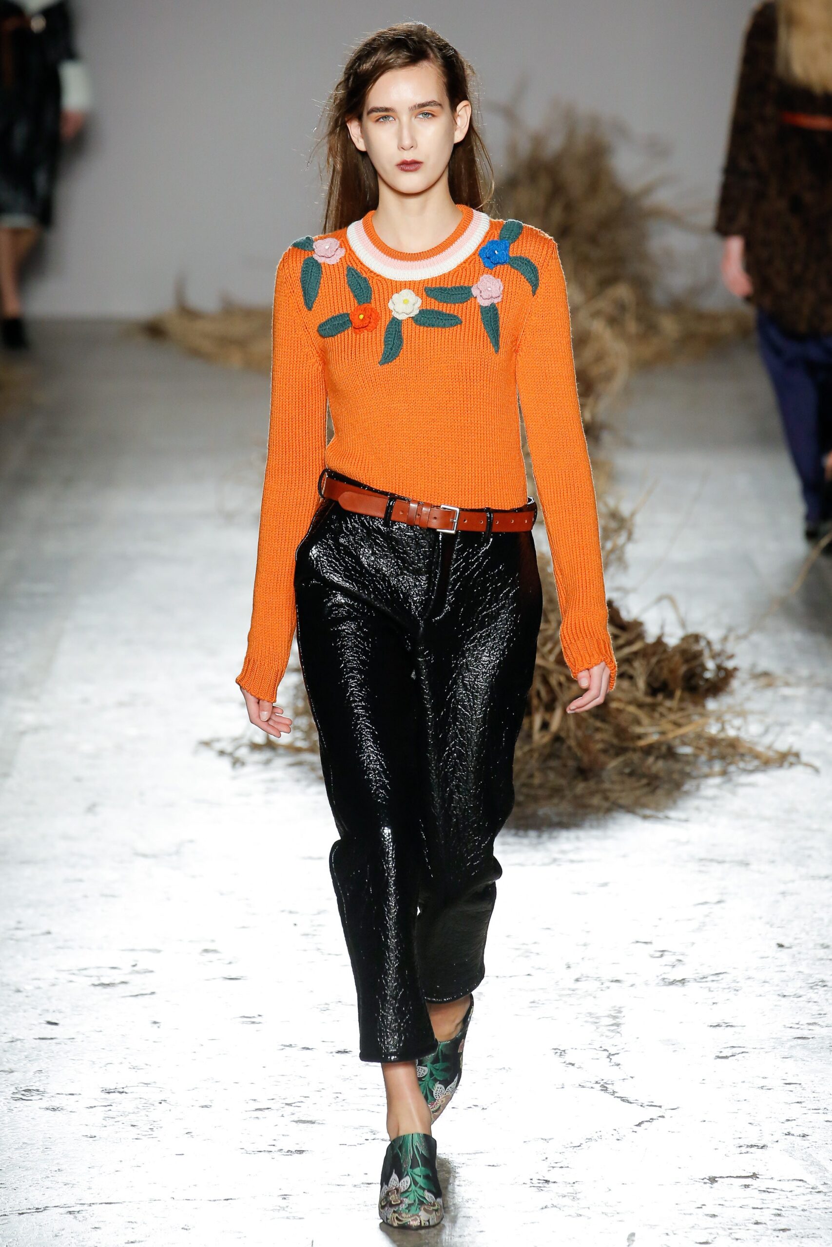orange cotton long-sleeve collared fitted embroidered top