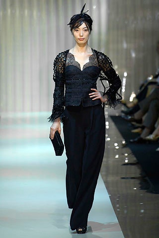 black lace blouse with tailored pants