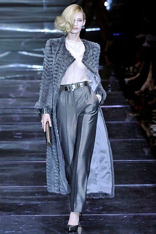 gray fur long-sleeve relaxed draped coat