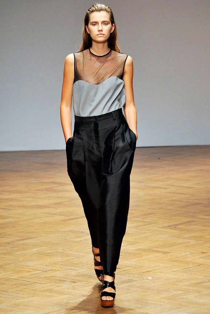 gray silk sheer top with black pants