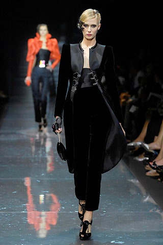 black velvet long-sleeve collared fitted buttoned draped coat