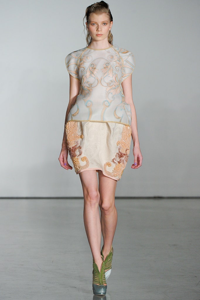 white silk sleeveless high-neck fitted embroidered draped dress