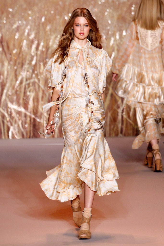 beige gold ruffled midi dress