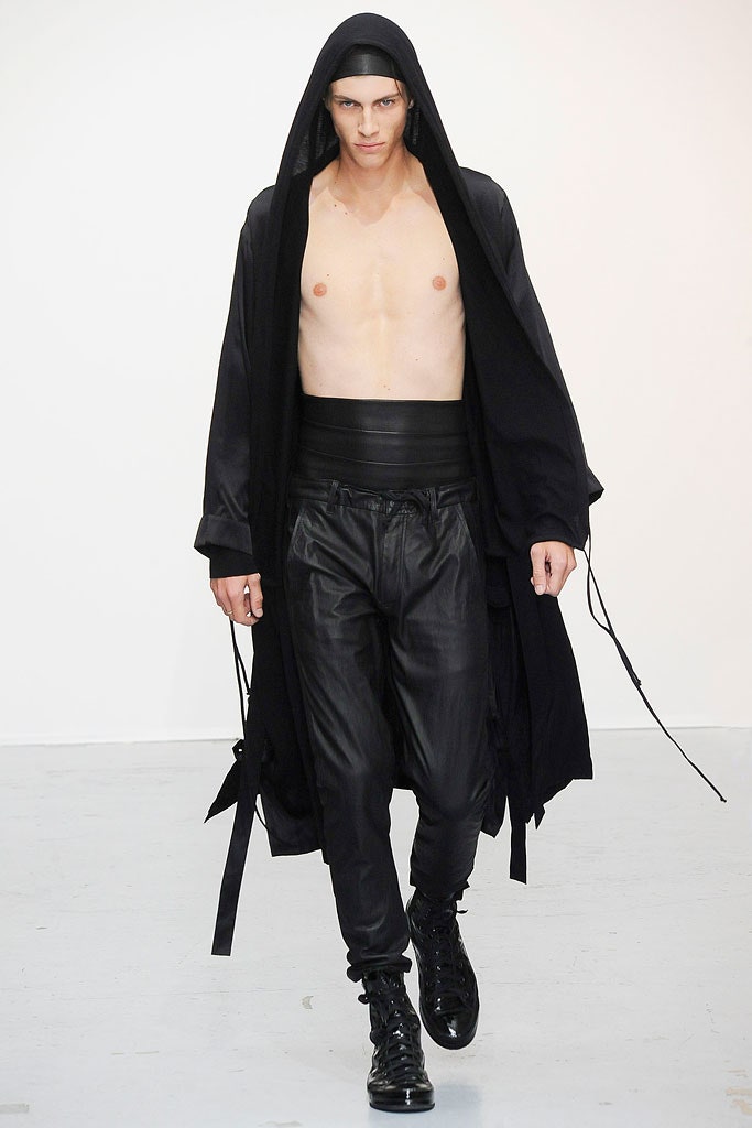 black cotton long-sleeve hooded relaxed draped coat
