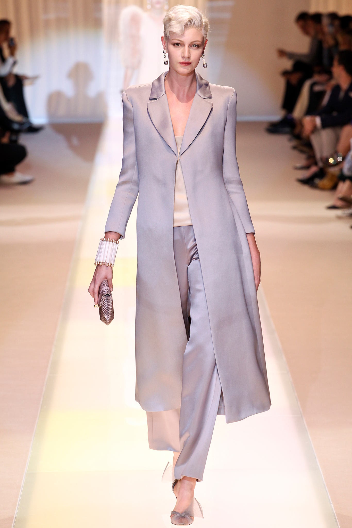 tailored gray silk coat and pants