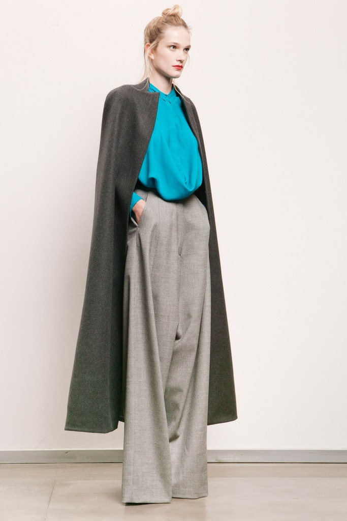 gray wool cape with blue silk blouse