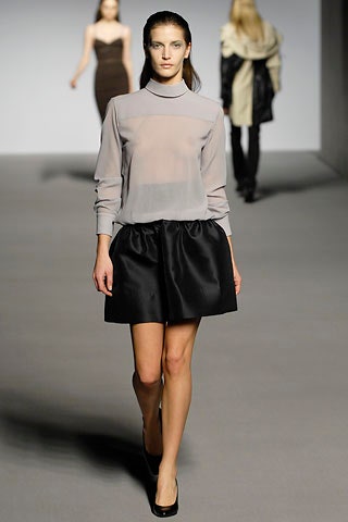gray silk blouse and black skirt