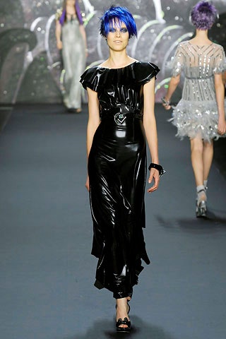 fitted black vinyl dress