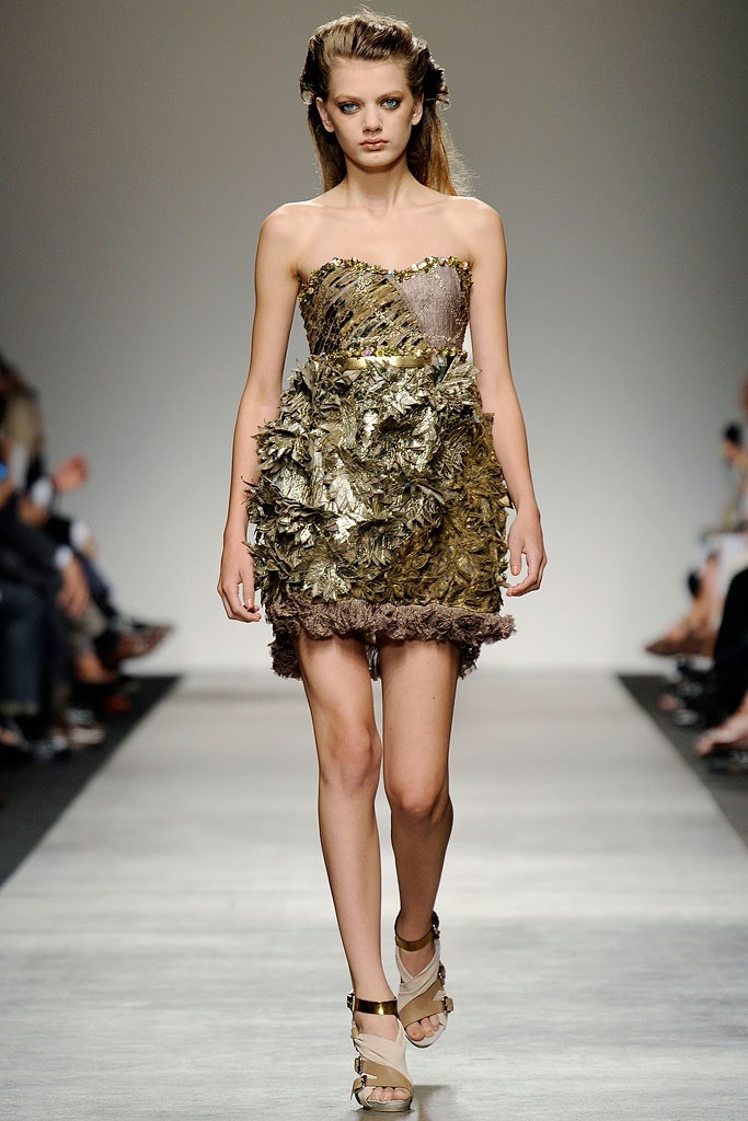 gold ruffled strapless dress
