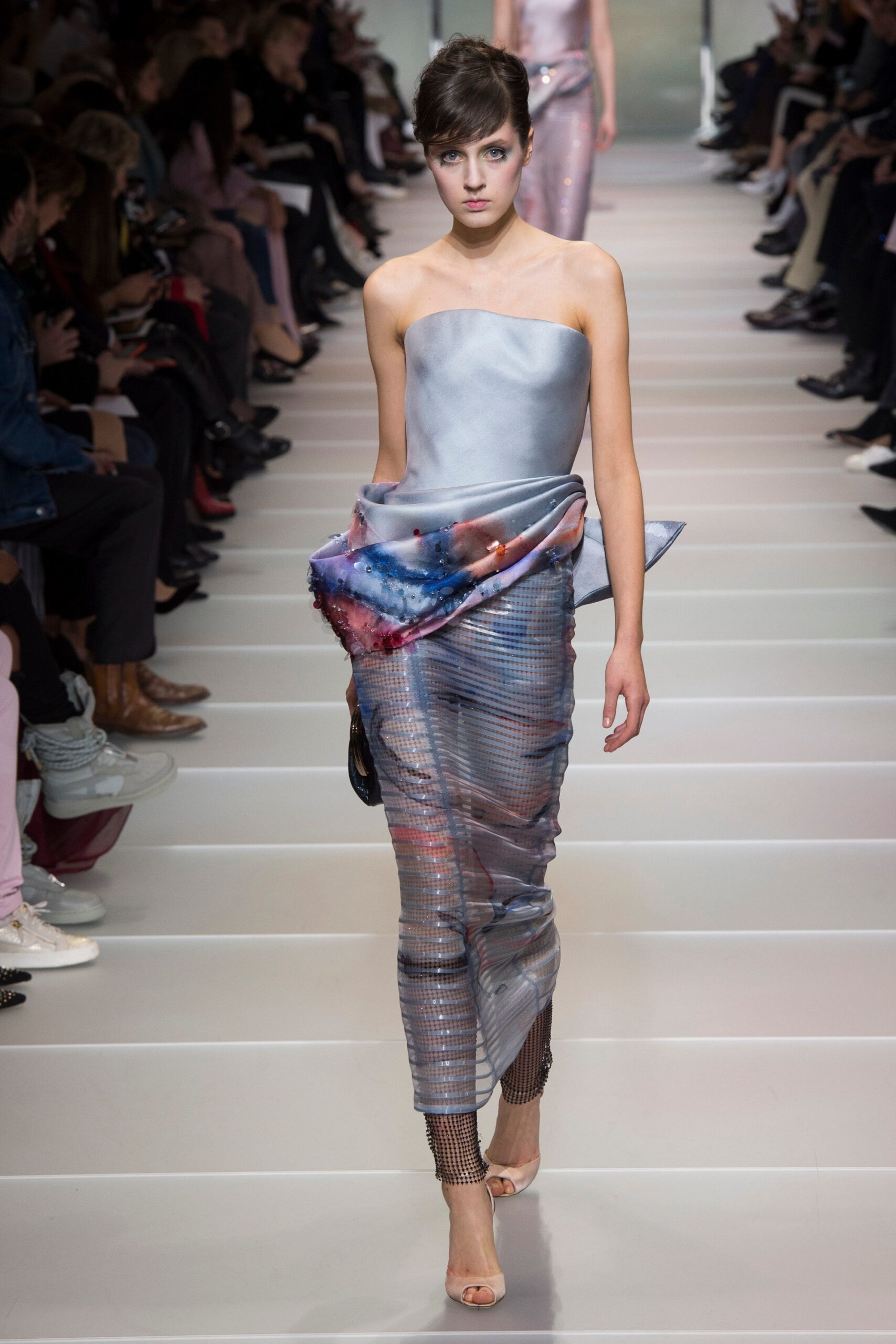 blue purple draped strapless dress